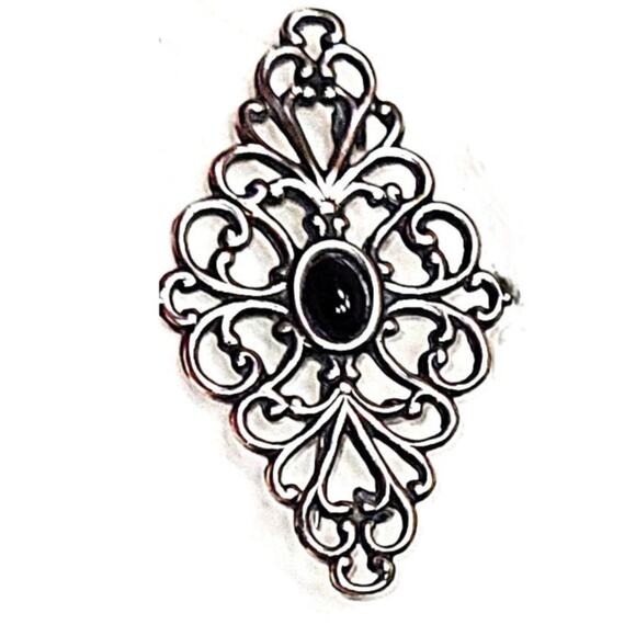 Beautiful Vintage Ornate Sterling Silver & Onyx Cabochon Pin/Brooch - Picture 2 of 8